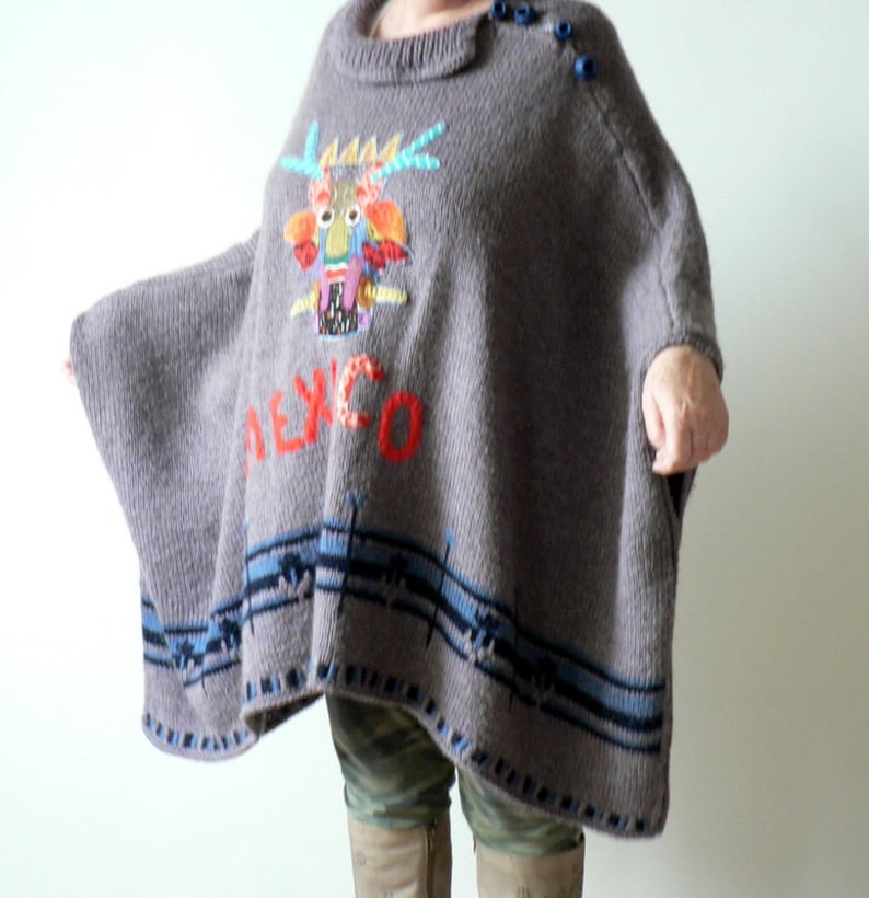 Size:M-XXL Hand made knitted sweater poncho,mexican style,appliqued
