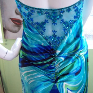 Halter Evening Gown Blue-green Rhinestone Ruched Embellished Back Open ...