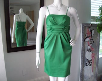 Empire Emerald Green Dress Ruched Wide Tie Sash Prom St Paddys Day Spaghetti Straps Pocketed Dress Satin-Like Sheen Sz 3