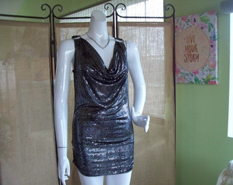 Silver Spangles Bodycon Cowl Neckline Mini Dress Clubbing Sparkle Dress Disco Metal Shoulder Ring Banded Mini Hemline Made in USA Sz M