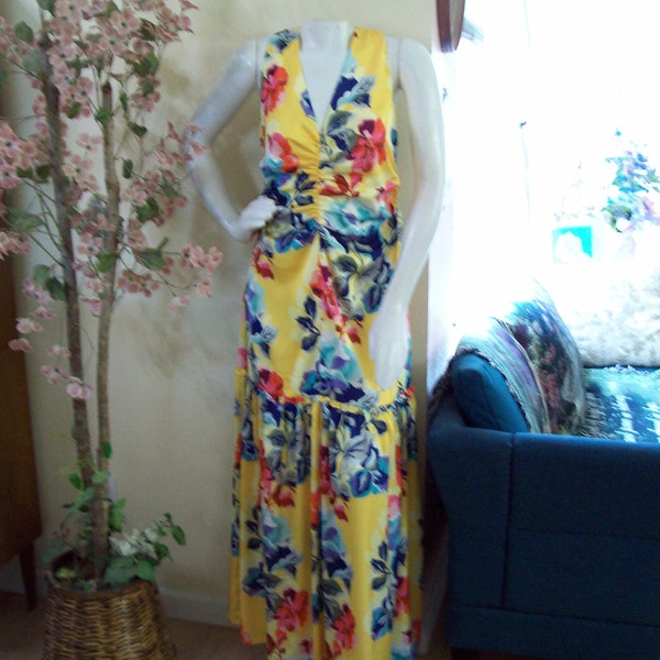 Yellow Floral Maxi Dress by Boston Proper V-Neck V-Back Ruching Hawaiian Luau Summer Fiesta Party Dress Large Busted Wide Straps Sz 16