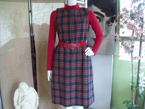 Sz 10 1960s Jumper Dress Tartan Red 