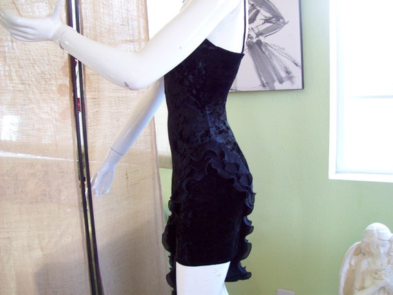 Black Velvet Salsa Dress Bodycon Side Pleated Ruf… - image 5