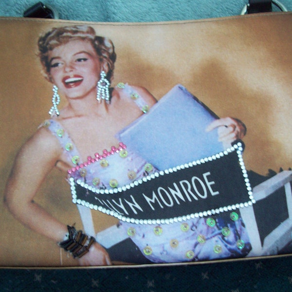 Marilyn Monroe Handbag Rhinestone Earrings Director's Chair Monroe Tote Beige Brown Marilyns White Dress Footed Bag Collectors Purse