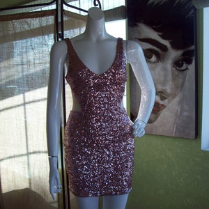 Sequin Mini Dress Bodycon Mesh Sparkle Clubbing Sexy Cut-Out Sides Rose-Gold Party Y2K Dress by Bebe