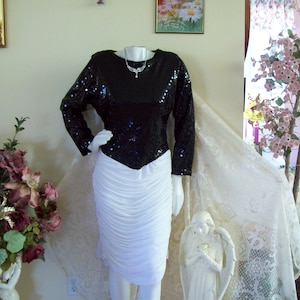 Black White Sparkle Dress Retro 40s Nightclub Dress Black Sequins on White Cocktail Dress White Ruched Tail Dress Socialite Dress sz 12