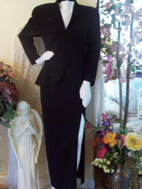 Black Evening Gown with Attached Beaded Jacket by 