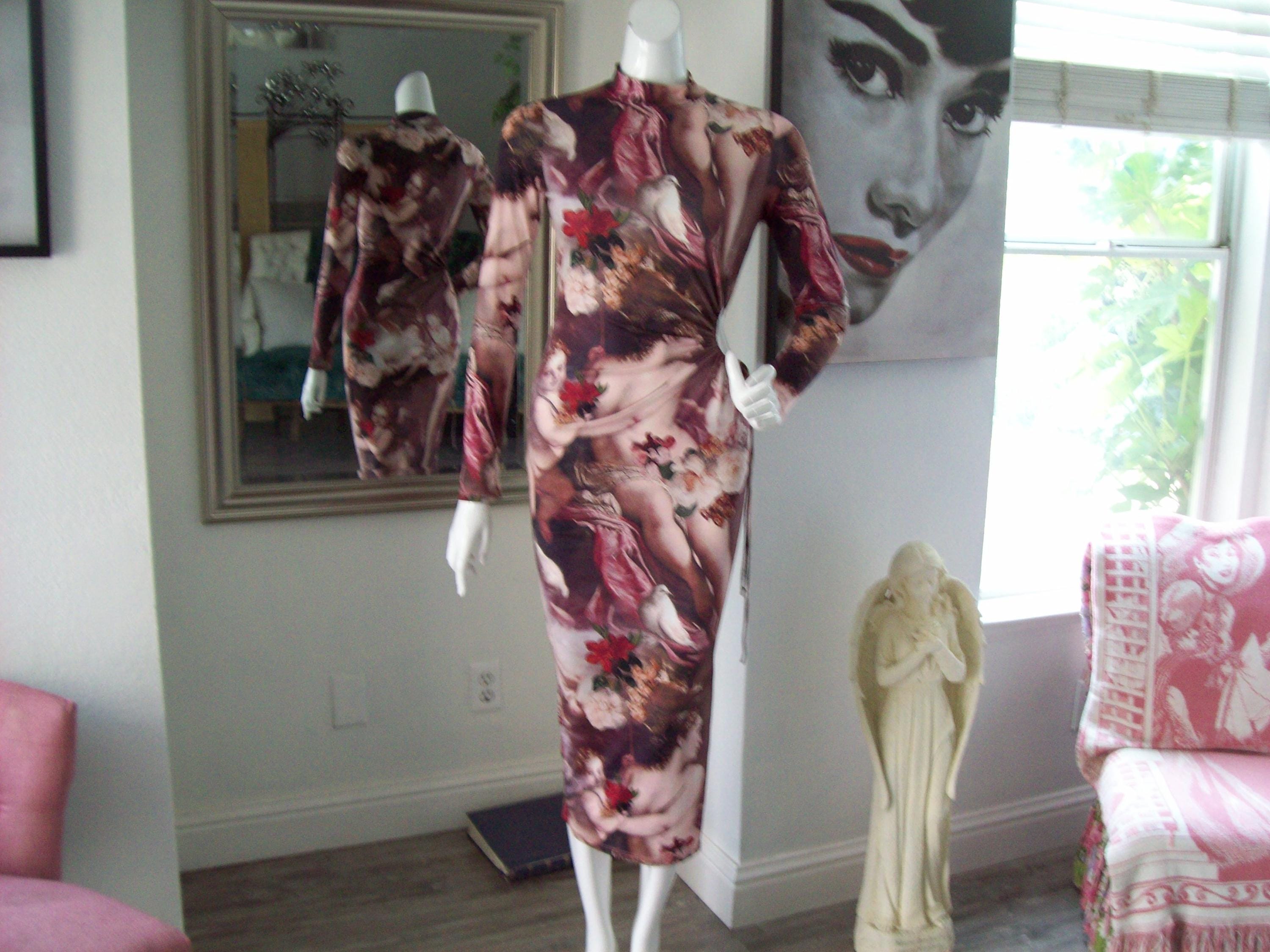 renaissance bodycon dress Midi Revival Pattern Sexy Cut-out and Slit Wearable Art Earthy Tones Size:USA 16 (XXXL)/48 in.(122 cm)Garment Chest Fully lined. GO LIVE DATE: 12/09/2025 Blue and White Snowflake