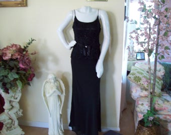 2 Pc Lacy Evening Gown-Jacket Black Gown Rhinestone Waist Sparkle Dress-Jacket Black Satin Bow Sz 10