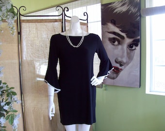 Little Black Dress White Trim Bell Sleeves Career to Date Three-Quarter Bell Sleeves Secretary Made in USA AnnaLee Dress Boat Neck Sz M