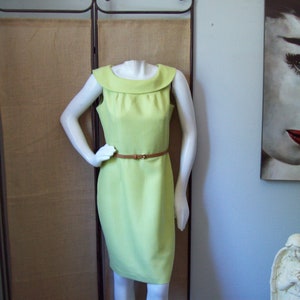Lime Cream Green Sheath Dress Karin Stevens Green-Yellow Sheath Rolled Collar Secretary Dress Belted Dress Sz 8-Petite