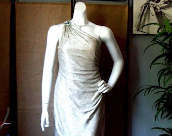 Silver Dress Champagne Metallic Shimmer Jeweled One Shoulder Rhinestone Maggy London EasyCare sz 8