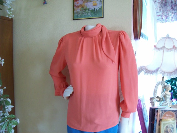 I. Magnin Blouse Peach Blush Crepe Blouse with Co… - image 1