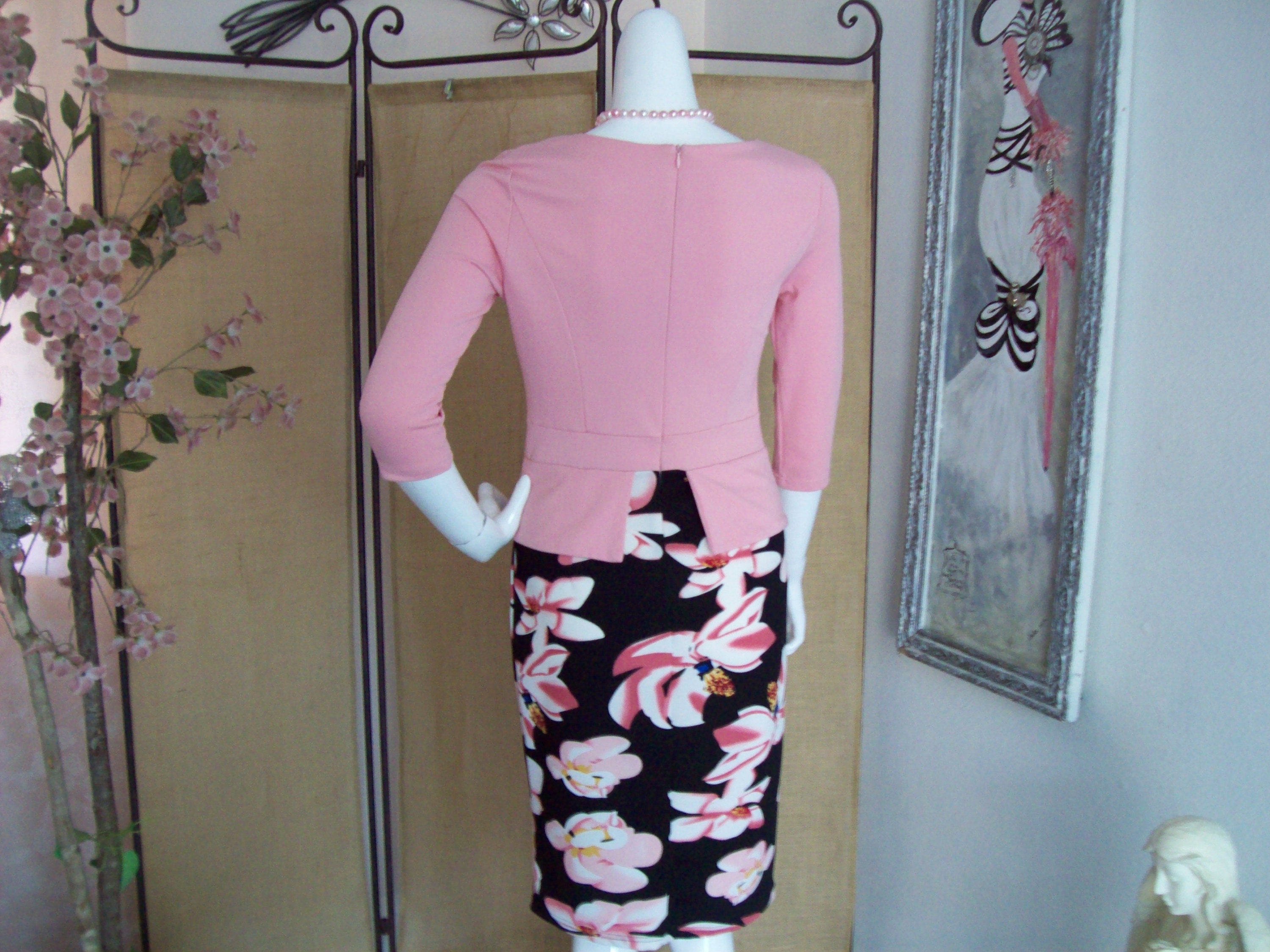 open lace back dress Lace Front Pencil Peplum Dress Black/Pink – Icecoolfashion main image 0