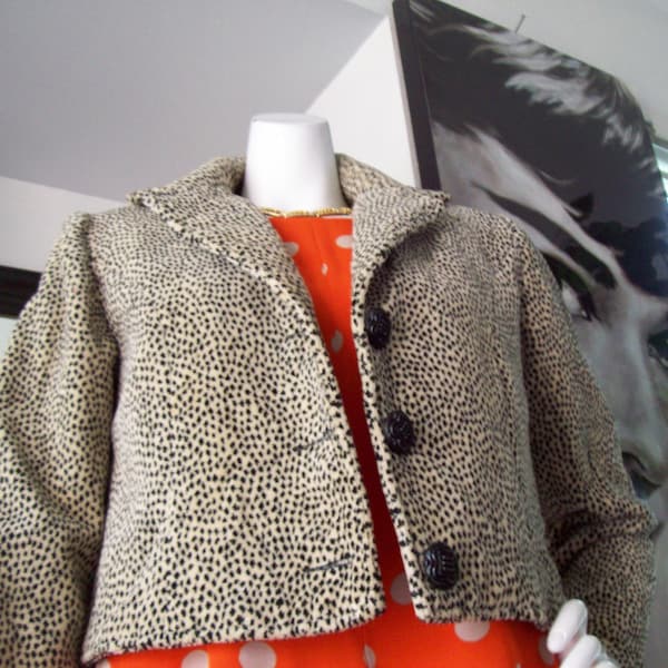 Painted Pony Cheetah Jacket Animal Print Lrg Lapel High Stand-up Collar Lrg Button-Up Front USA Made 1980s Shorty Jacket Sz S (6-8)