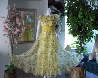 Yellow Rose Chiffon Formal 1960s Sylvia Ann GWTW Scarlet Southern Belle Party Dress Large Collar Lrg Ruffle Hem FairyTale Prom Dress