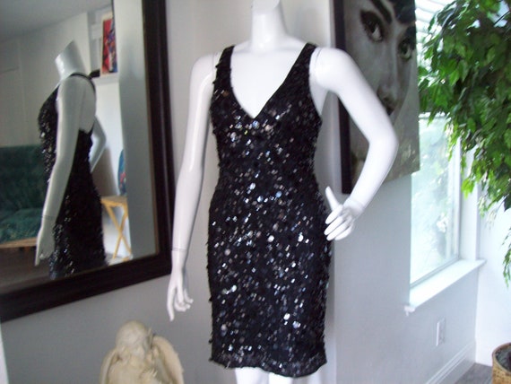 Black Spangle Party Dress Lrg Sequins Shimmy Dres… - image 10