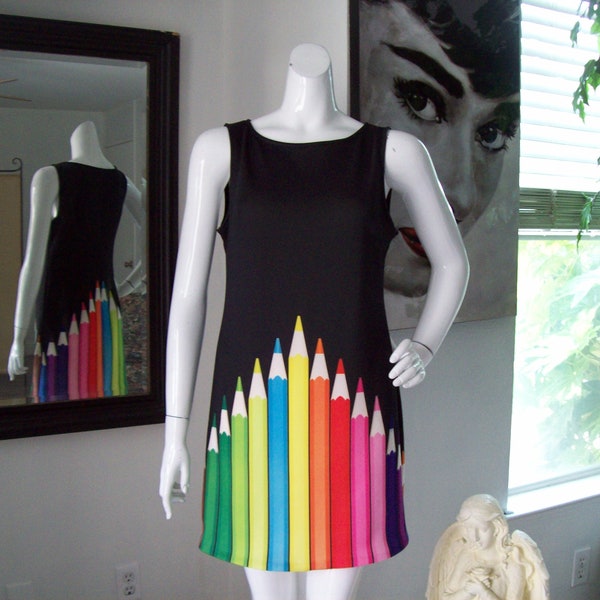 Art Dress Colored Pencils Black Sheath Novelty Art Teacher Wearable Art Art Fun Colorful Dress Sz M USA Made