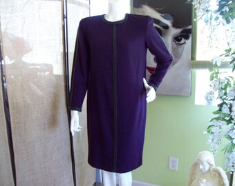 Winter Wool Dress Leather Trim Designer Bill Blass Plum Dress Black Trim Secretary Warm Shift Style Slit at Hem Designer DressSz 12