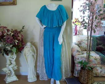 Teal Crinkle Jumpsuit, Teal Mexican Boho Jumpsuit, Mexican-Peasant-Gypsy Jumpsuit, sz L to XL