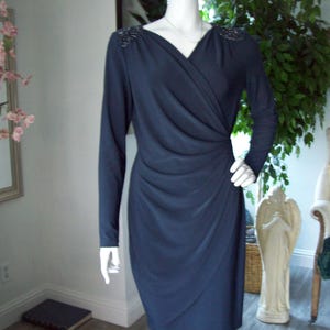 Smokey Teal Dress Cache Cocktail Beaded Shoulder Draped Ruched Bodice Wrap Effect Office to Dinner Business Meeting to Cocktails USA SzL