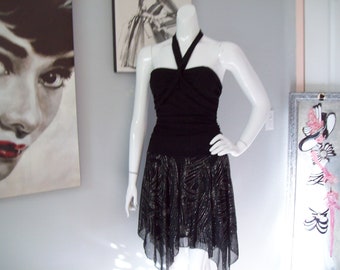 Black Halter Bling Dress New Years-Christmas Party Dress Silver Glitter Sparkle Dress Ruched Drop Waisted Dress Criss-Cross Bodice  Sz M