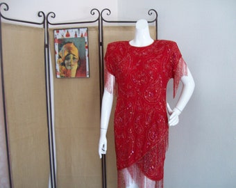 Red Beaded Flapper Dress Sequins Criss-Cross Front Hem Beaded Fringe at Sleeves and Hem Great Gatsby SpeakEasy Dress Lipstick Red Open Back