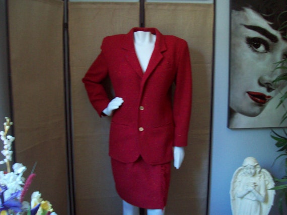 Red Wool Tweed Suit Winter Warm Suit Holiday Suit by Lizwear W