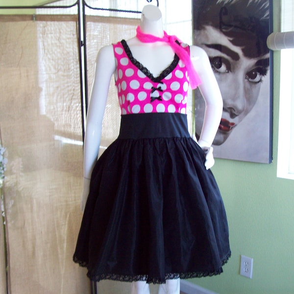 50's Dress Sock Hop-Be-Bop Rock Around The Clock Hot Pink White Polka Dots Full Swing Skirt Lacy Trim JukeBox Baby