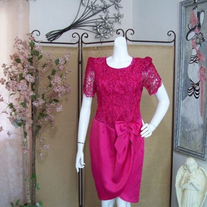 Hot Pink Party Dress Fuchsia-Pink Cocktail Pearls-Sequins Bodice Satin-Like Skirt Drop Waist Large Bow Draped Skirt Criss-Cross Open Front