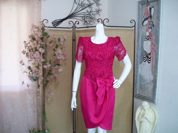 Hot Pink Party Dress Fuchsia-pink Cocktail Pearls-sequins Bodice Satin-like  Skirt Drop Waist Large Bow Draped Skirt Criss-cross Open Front - Etsy