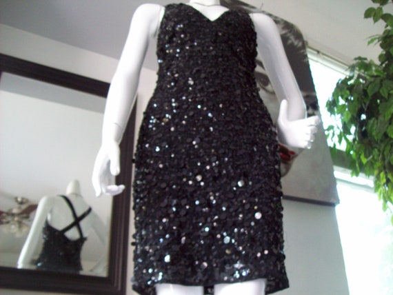 Black Spangle Party Dress Lrg Sequins Shimmy Dres… - image 3