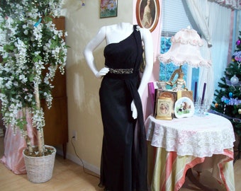 Black Formal Goddess Style Gown by May Queen Beaded Waist Gown Sheer over Satin Gown One Shoulder Gown Built-in Bra Bling Formal