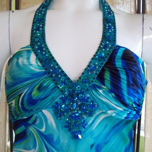Halter Evening Gown Blue-green Rhinestone Ruched Embellished Back Open Back Beaded Faux Blue ...