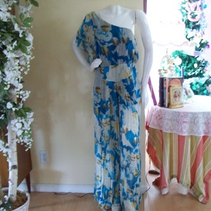 Formal Jumpsuit Teal-Gold Sheer Sea Goddess Pleated Sheer Legs Ocean Floor Inspired Flutter-Flirty 1-Shoulder Goddess Jumpsuit Sz L & Tall