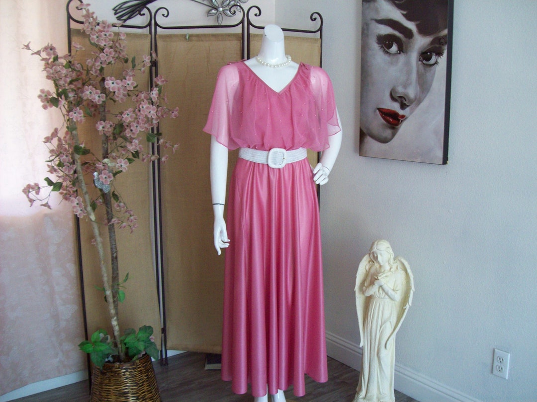 Pink Evening Gown Sheer Flutter Sleeves Pink Pearl Draped Bodice and ...