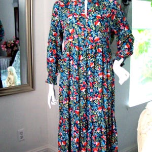 PRAIRIE DRESS Pioneer Floral Coral on Teal Push Up Sleeves Elastic Cuffs Neckline Ruffle Trim Collar Cool Rayon Fabric
