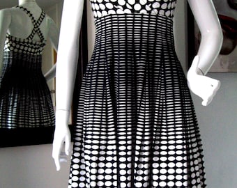Black White Pleated Polka Dot Dress Empire Waist Criss-Cross Back Office Student Summer Chic Horizontal Stripe Middle Calvin Klein Sz 4