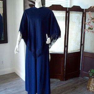 Fringe Cape Dress Navy Vntg Leslie Fay Maxi Dress Shift Style with Cape Winter Wedding Guest Dress Fringe Triangular Cape and Dress, Sz 10