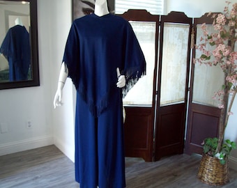 Fringe Cape Dress Navy Vntg Leslie Fay Maxi Dress Shift Style with Cape Winter Wedding Guest Dress Fringe Triangular Cape and Dress, Sz 10