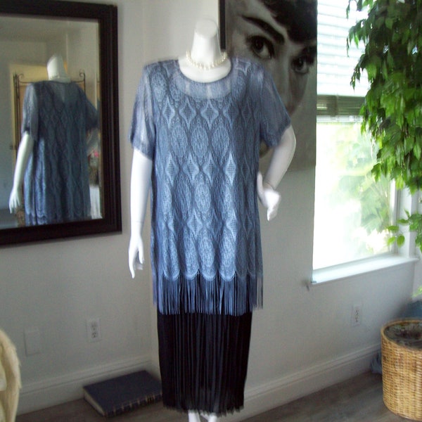 Lacy Overlay Tank Dress French Blue Fringe Top on Black Tank Drop Waist Pleated Dress Wedding Attire Social Event Church Large Busted Sz 16W