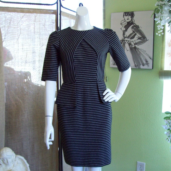 Gabby Skye Dress Charcoal-Gray Striped Peplum Madmen Secretary Dress Winter Striped Dress, Sz 6