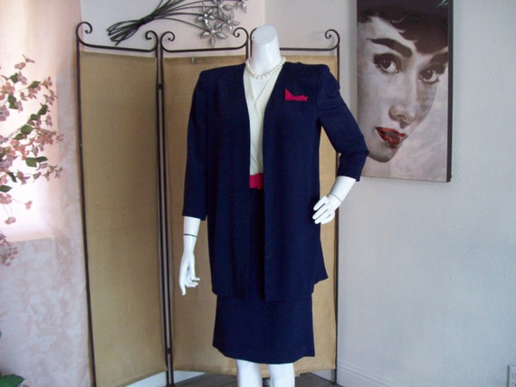 2-Pc Dress and Coat Vintage Leslie Fay Navy Coat … - image 1
