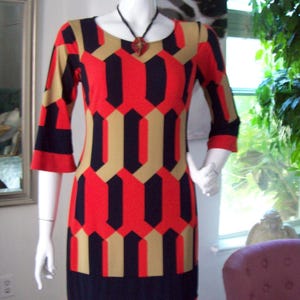 ColorBlock Dress Retro Vibe Orange Black Interlocking Geometric 3/4 Sleeve Y2K does 60s Travel Career Autumnal Colors