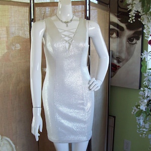 Bodycon Silver Dress Party Sparkle Clubbing Dress Disco Dress Criss-Cross Bodice and Back Shimmer Dress NWT Deadstock 80&#39;s-90&#39;s Style, Sz 7
