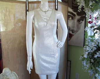 Bodycon Silver Dress Party Sparkle Clubbing Dress Disco Dress Criss-Cross Bodice and Back Shimmer Dress NWT Deadstock 80's-90's Style, Sz 7