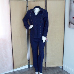 Denim Pant Suit Denim-on-Denim Multi-Color Rhinestones Vacation Wear Indigo Long Sleeve Jacket and Zip Front Pants Dark Denim Size 14