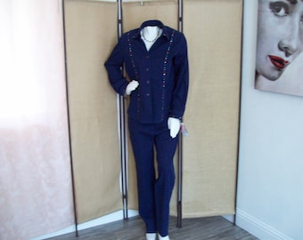 Denim Pant Suit Denim-on-Denim Multi-Color Rhinestones Vacation Wear Indigo Long Sleeve Jacket and Zip Front Pants Dark Denim Size 14