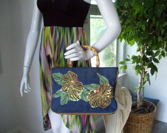 Denim Luau Tote Bamboo Handles Sequin Floral Tiger Lilly Footed MultiCompartment Roomy Bling Hawaiian Vacay Purse