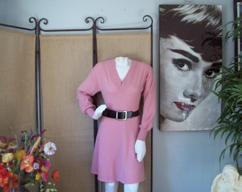 90s Pink Sweater Dress V-Neck Sweater Dress Slouch Long Sleeve Winter Sweater Cotton Candy Pink Dress Career Dress, Sz M
